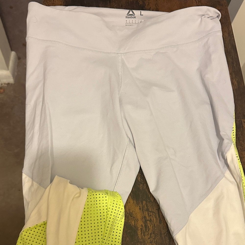 Reebok White and Neon Yellow Active Leggings